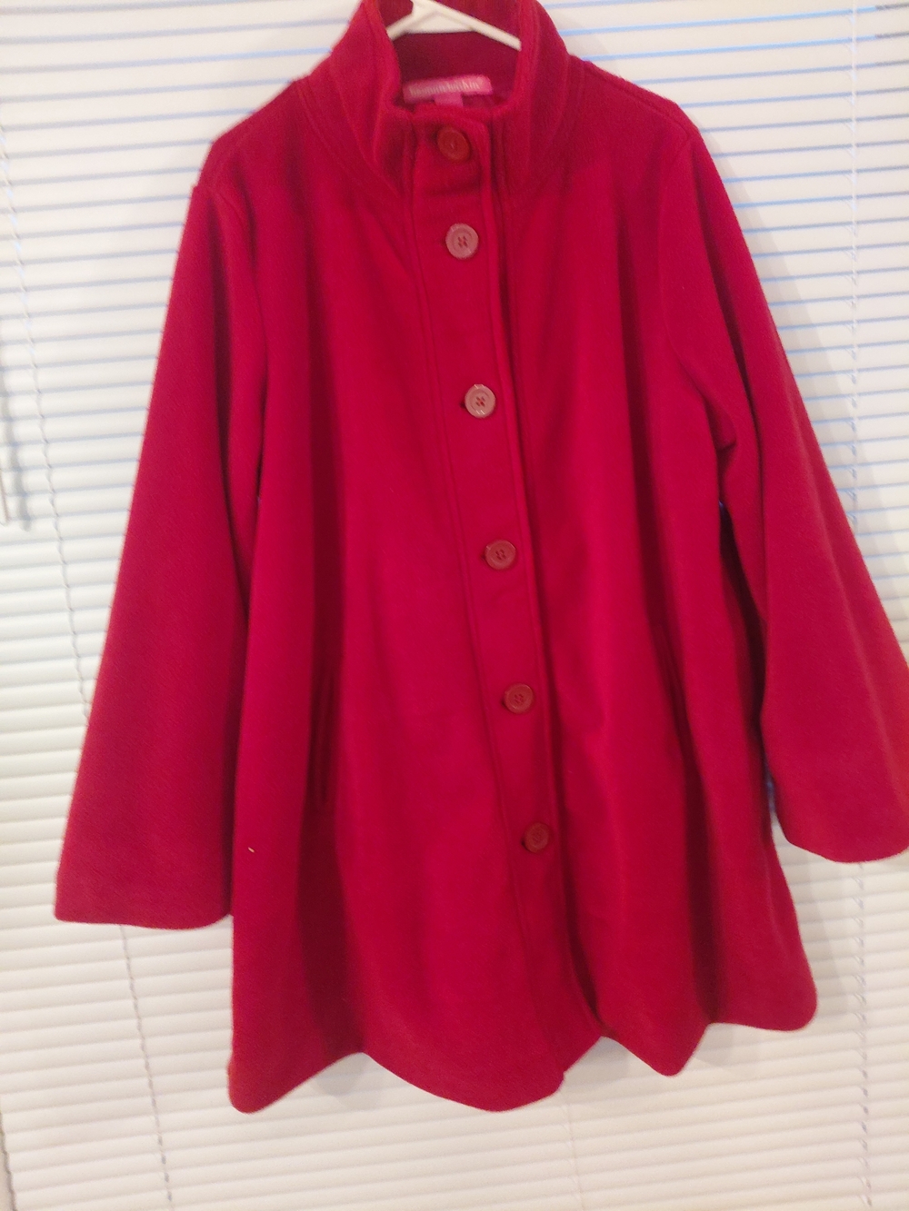 Vintage Woman Within Deep Red A-Line Pea Coat with Stand Collar